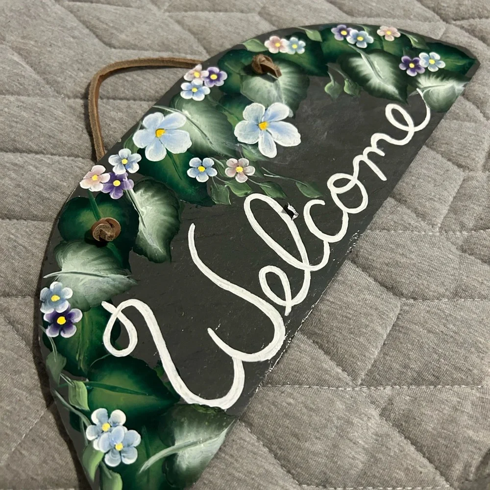 Hand Painted Floral Welcome Sign on Slate